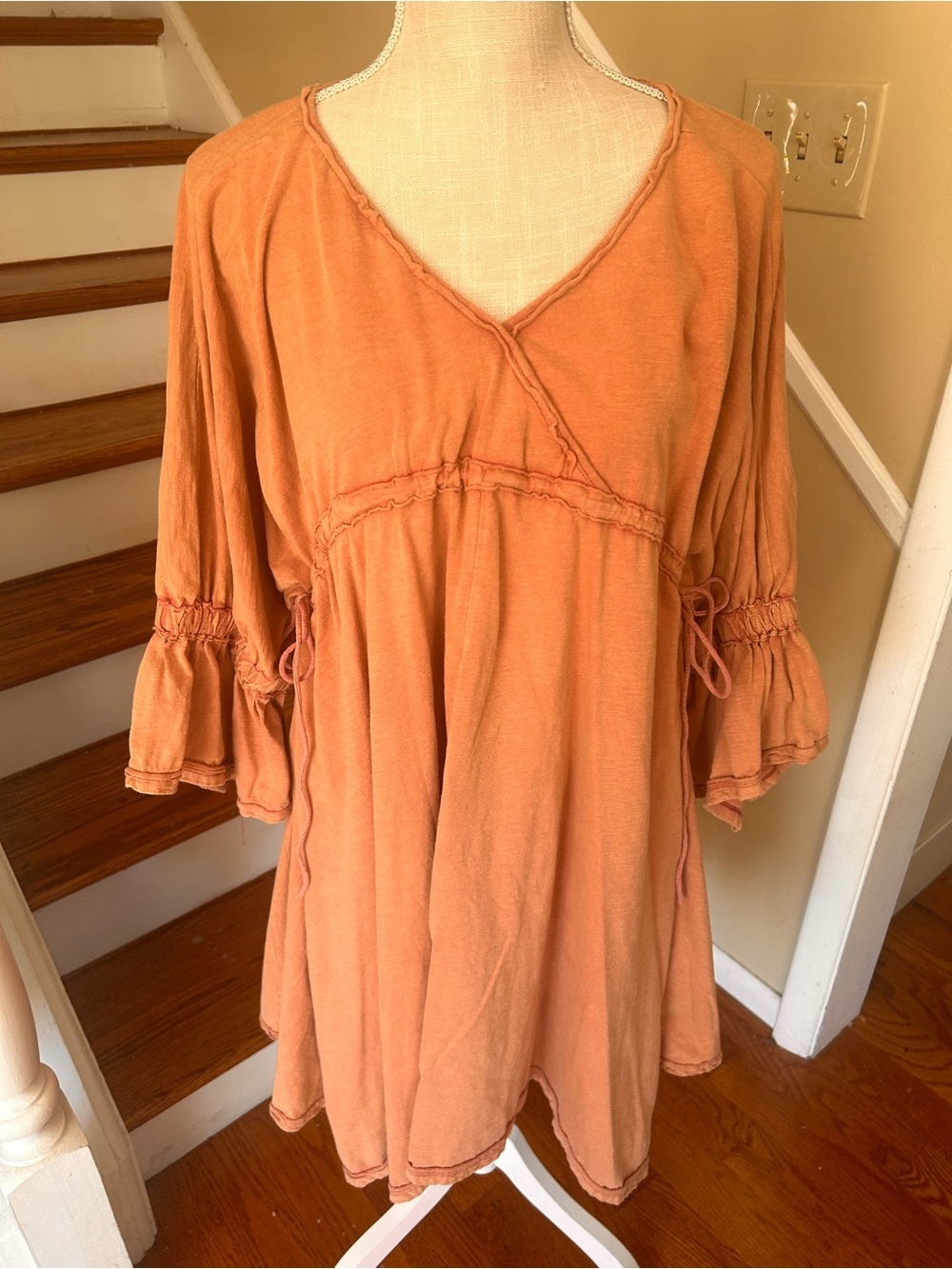 Oli & Hali Mineral Washed Midi Dress Peach Cotton S/M Beachy Boho Raw Edge